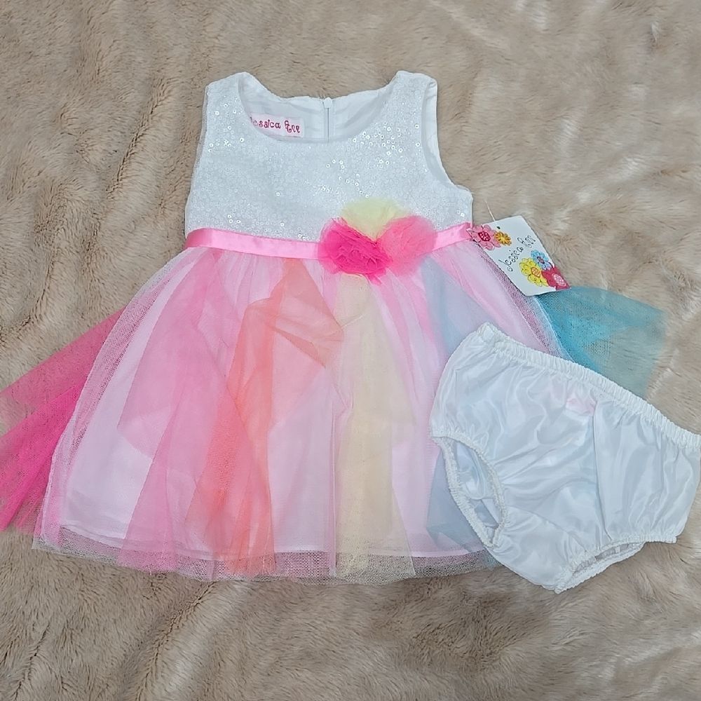 JESSICA ANN COLORFUL TULLE SLEEVELESS DRESS WITH BLOOMERS, SIZE 12 MONTHS